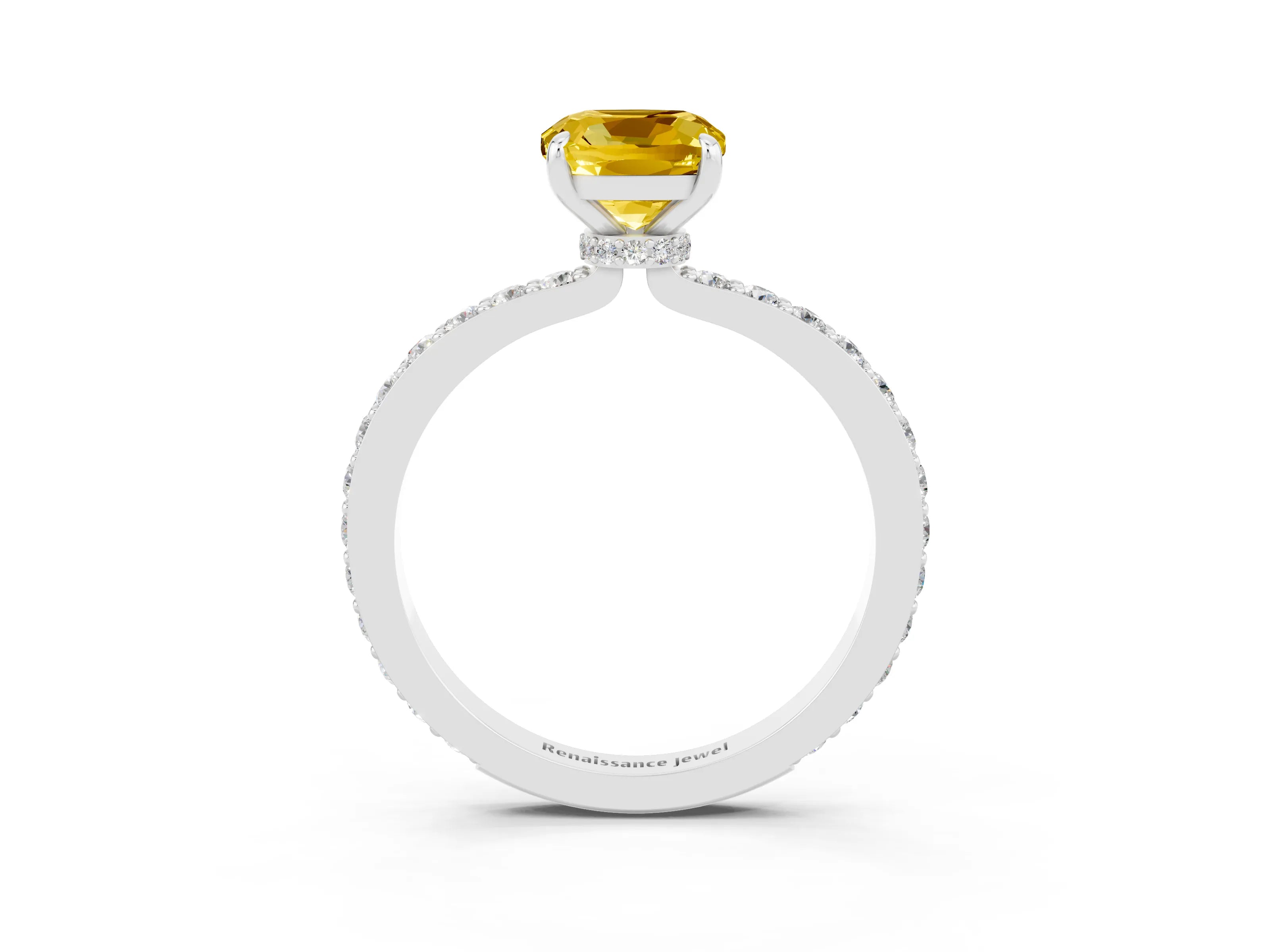 White gold Cushion Cut Yellow Sapphire Solitaire Engagement Ring with Pavé Band and Four-Prong Setting_51