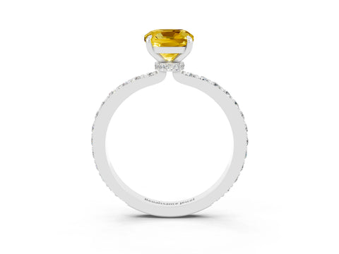 White gold Cushion Cut Yellow Sapphire Solitaire Engagement Ring with Pavé Band and Four-Prong Setting_51
