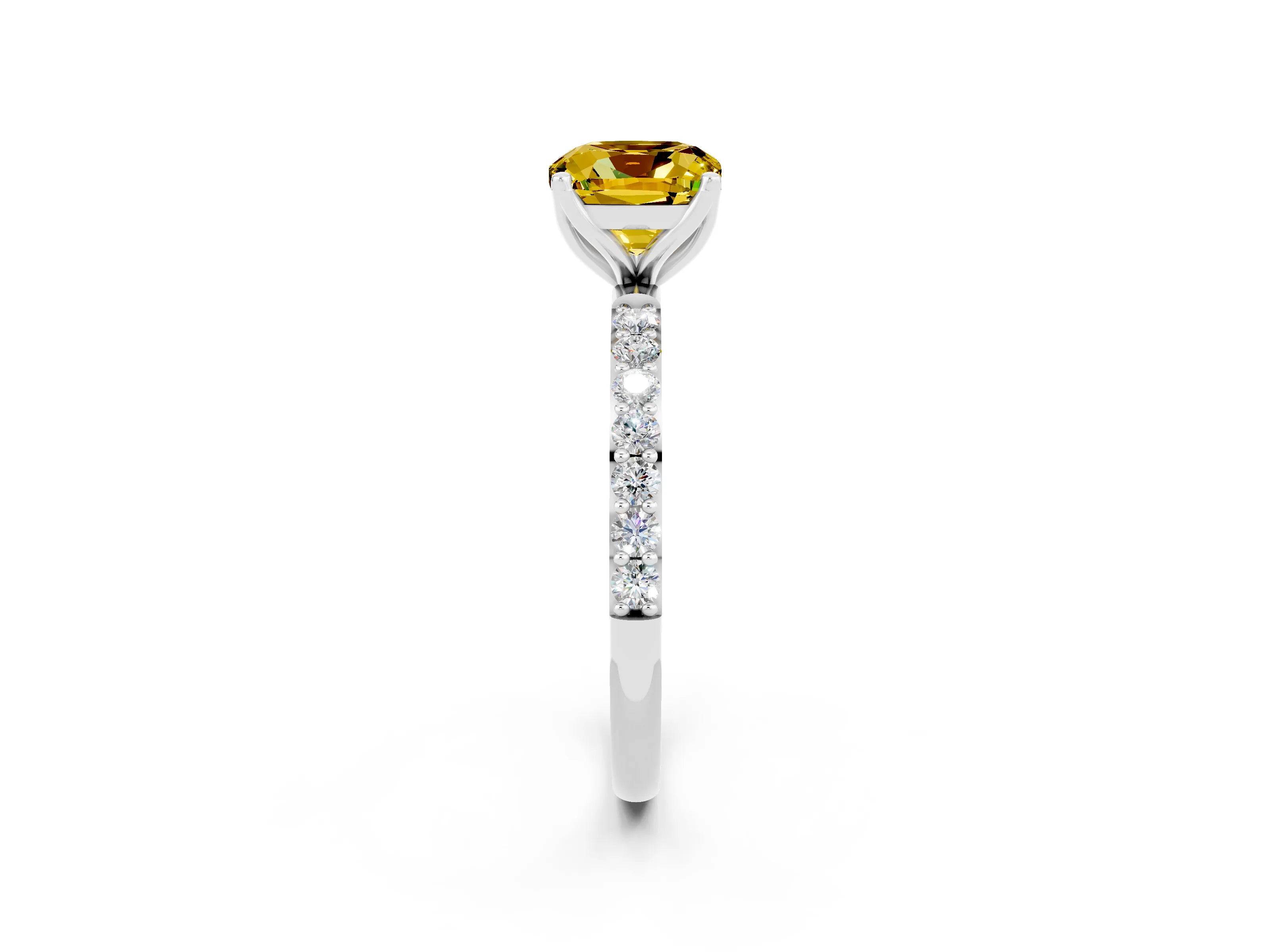 White gold Cushion Cut Yellow Sapphire Solitaire Engagement Ring with Pavé Band and Prong Setting_2