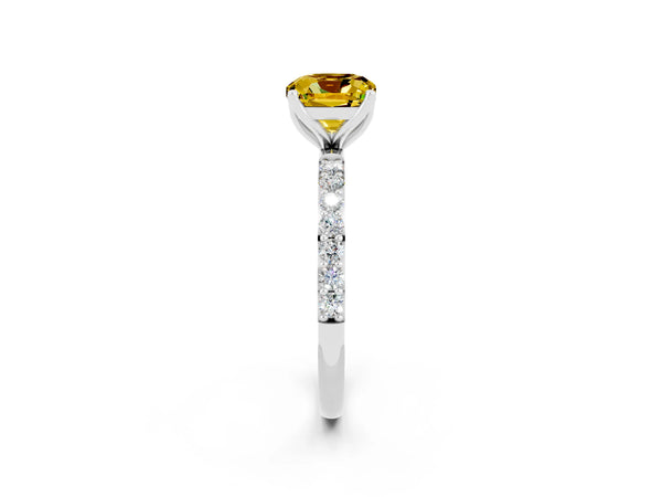 White gold Cushion Cut Yellow Sapphire Solitaire Engagement Ring with Round  Pavé Band and Prong Setting
