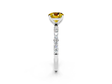 White gold Cushion Cut Yellow Sapphire Solitaire Engagement Ring with Pavé Band and Prong Setting_2