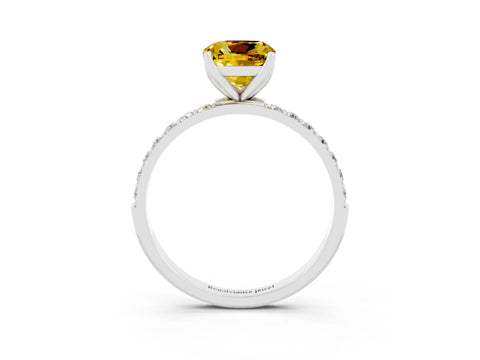 White gold Cushion Cut Yellow Sapphire Solitaire Engagement Ring with Pavé Band and Prong Setting_3