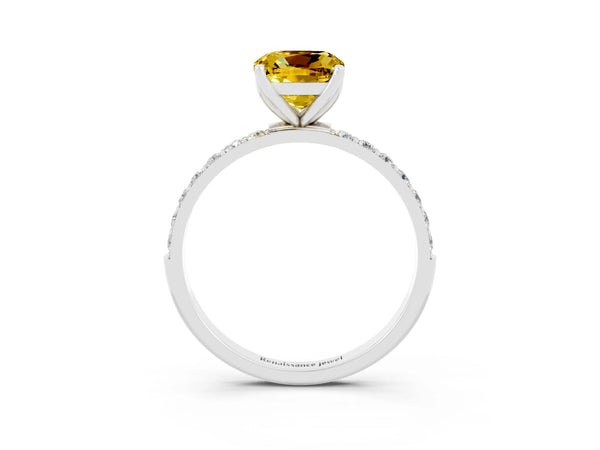 White gold Cushion Cut Yellow Sapphire Solitaire Engagement Ring with Round  Pavé Band and Prong Setting