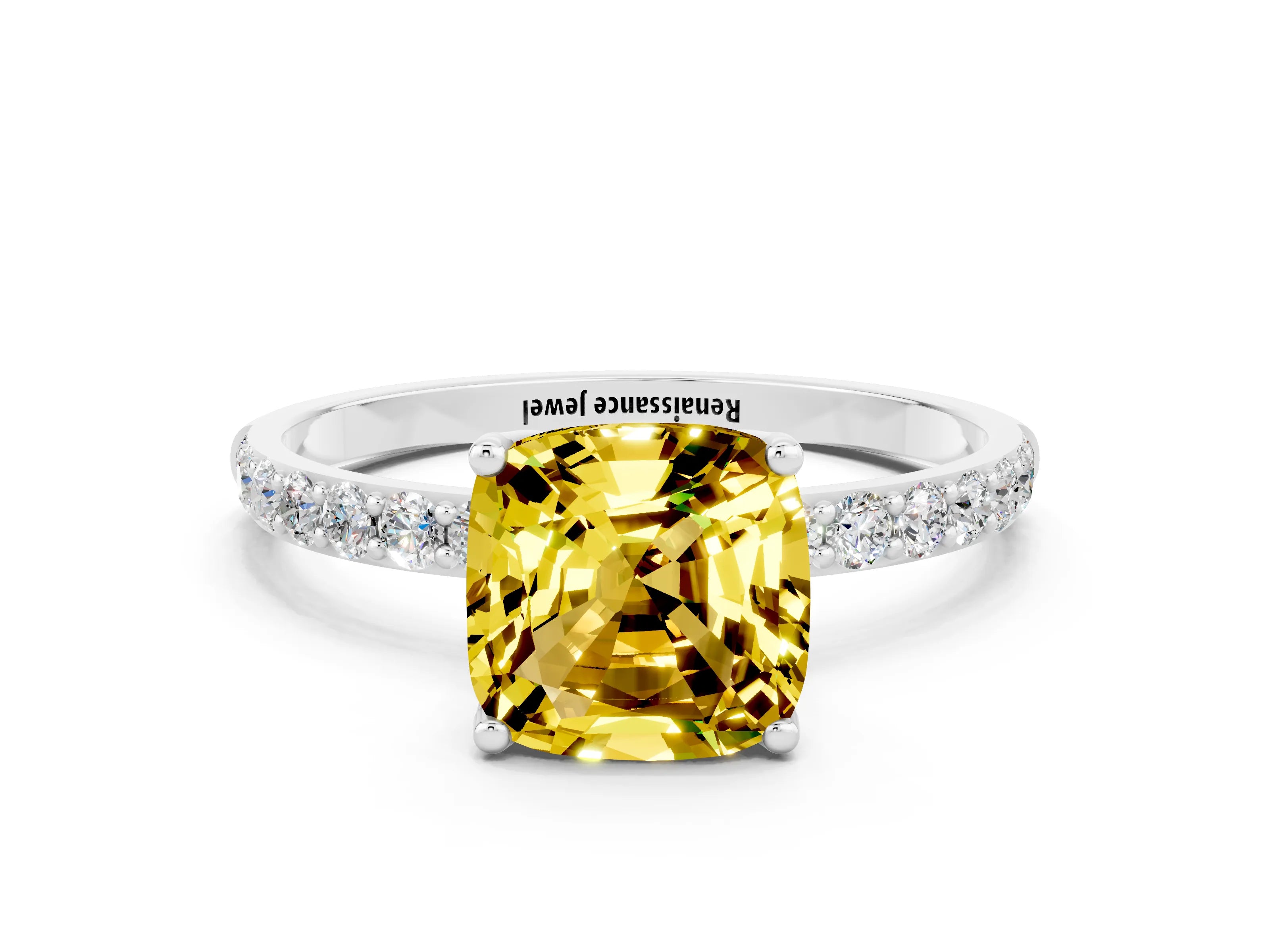 White gold Cushion Cut Yellow Sapphire Solitaire Engagement Ring with Pavé Band and Prong Setting