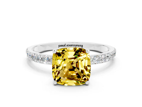 White gold Cushion Cut Yellow Sapphire Solitaire Engagement Ring with Pavé Band and Prong Setting