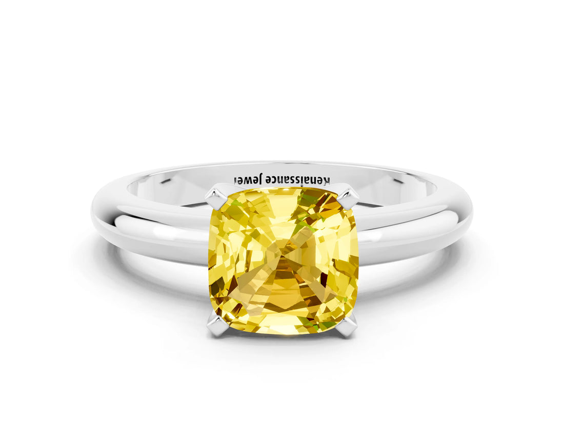 White gold Cushion Cut Yellow Sapphire Solitaire Engagement Ring with Round Band and Four-Prong Setting_24