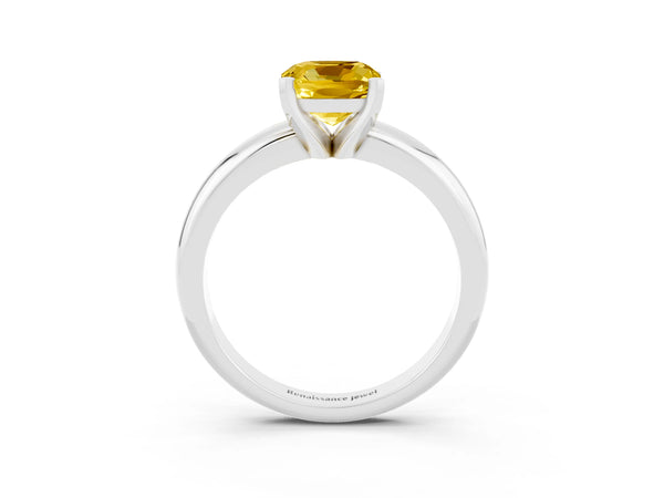 White gold Cushion Cut Yellow Sapphire Solitaire Engagement Ring with Round Band and Four-Prong Setting