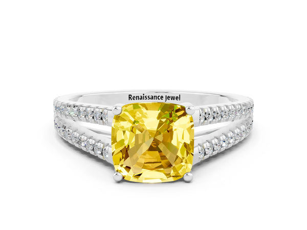 Platinum Cushion Cut Yellow Sapphire Solitaire Engagement Ring with Split Shank Pavé Band