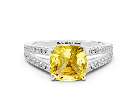 White gold Cushion Cut Yellow Sapphire Solitaire Engagement Ring with Split Shank Pavé Band_12