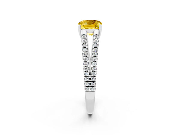 Silver Cushion Cut Yellow Sapphire Solitaire Engagement Ring with Split Shank Pavé Band