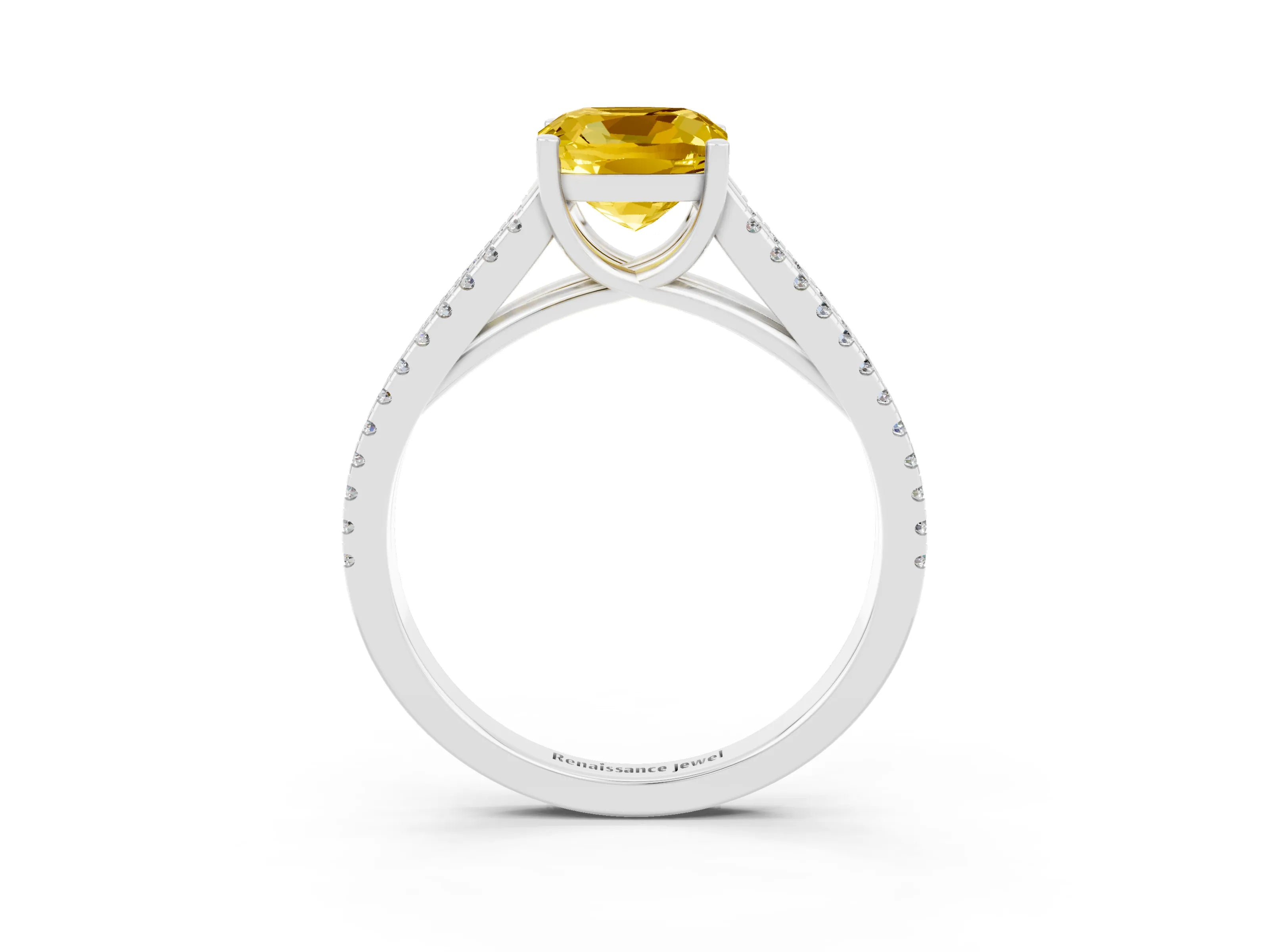 White gold Cushion Cut Yellow Sapphire Solitaire Engagement Ring with Split Shank Pavé Band_15
