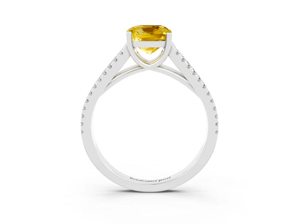 Platinum Cushion Cut Yellow Sapphire Solitaire Engagement Ring with Split Shank Pavé Band