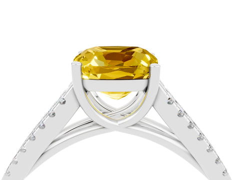 White gold Cushion Cut Yellow Sapphire Solitaire Engagement Ring with Split Shank Pavé Band_16