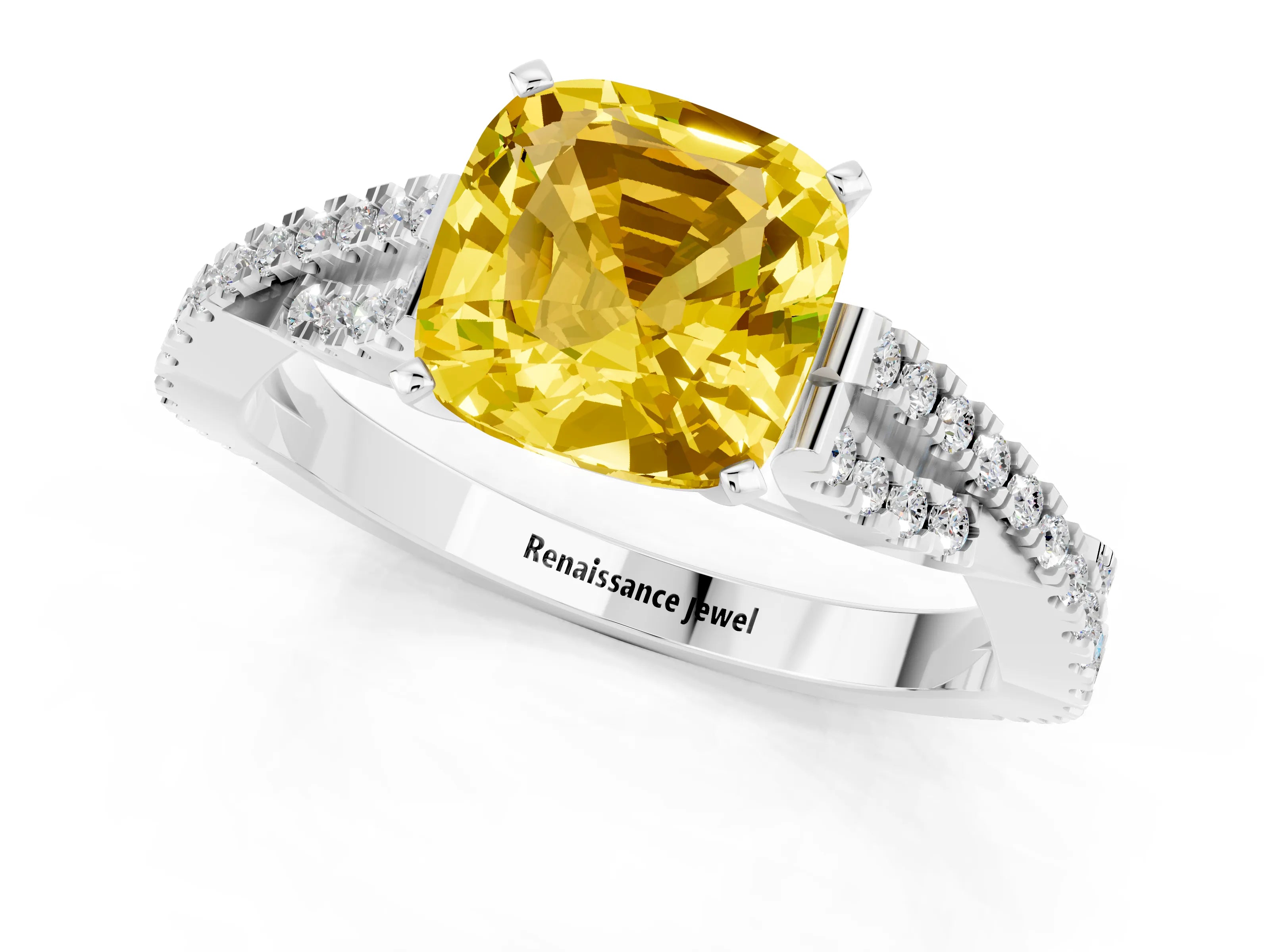 White gold Cushion Cut Yellow Sapphire Solitaire Engagement Ring with Twisted Pavé Band and Four-Prong Setting_25