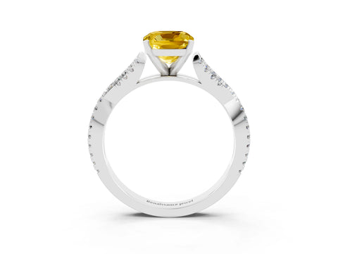 White gold Cushion Cut Yellow Sapphire Solitaire Engagement Ring with Twisted Pavé Band and Four-Prong Setting_27
