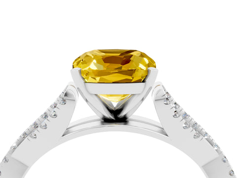 White gold Cushion Cut Yellow Sapphire Solitaire Engagement Ring with Twisted Pavé Band and Four-Prong Setting_28