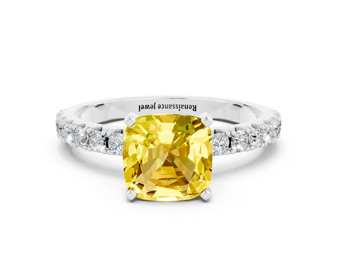 White gold Cushion Cut Yellow Sapphire Solitaire Pavé Band with Four-Prong Setting_24