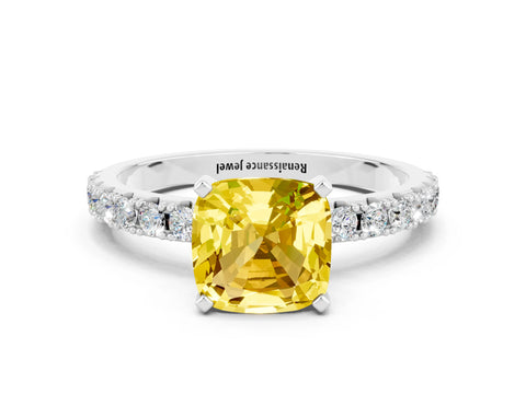 White gold Cushion Cut Yellow Sapphire Solitaire Pavé Band with Four-Prong Setting_24
