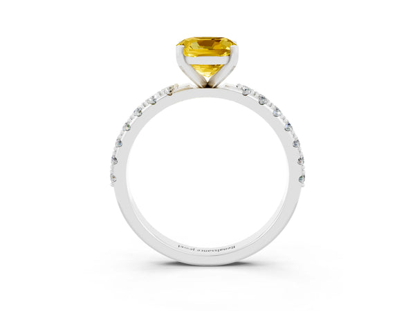 Platinum Cushion Cut Yellow Sapphire Solitaire Pavé Band with Four-Prong Setting