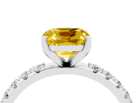 White gold Cushion Cut Yellow Sapphire Solitaire Pavé Band with Four-Prong Setting_28
