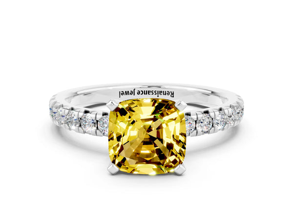 Platinum Cushion Cut Yellow Sapphire Solitaire Pavé Engagement Ring with Round Band and Prong Setting
