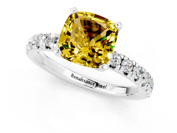 Silver Cushion Cut Yellow Sapphire Solitaire Pavé Engagement Ring with Round Band and Prong Setting