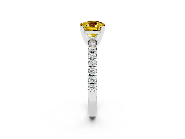 Platinum Cushion Cut Yellow Sapphire Solitaire Pavé Engagement Ring with Round Band and Prong Setting