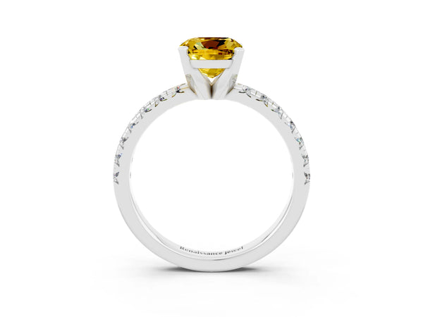 Platinum Cushion Cut Yellow Sapphire Solitaire Pavé Engagement Ring with Round Band and Prong Setting