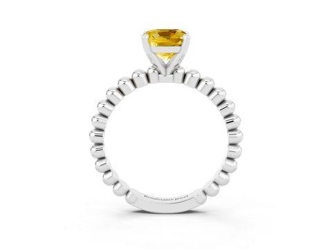 White gold Cushion Cut Yellow Sapphire Solitaire Ring with Beaded Band and Prong Setting_15