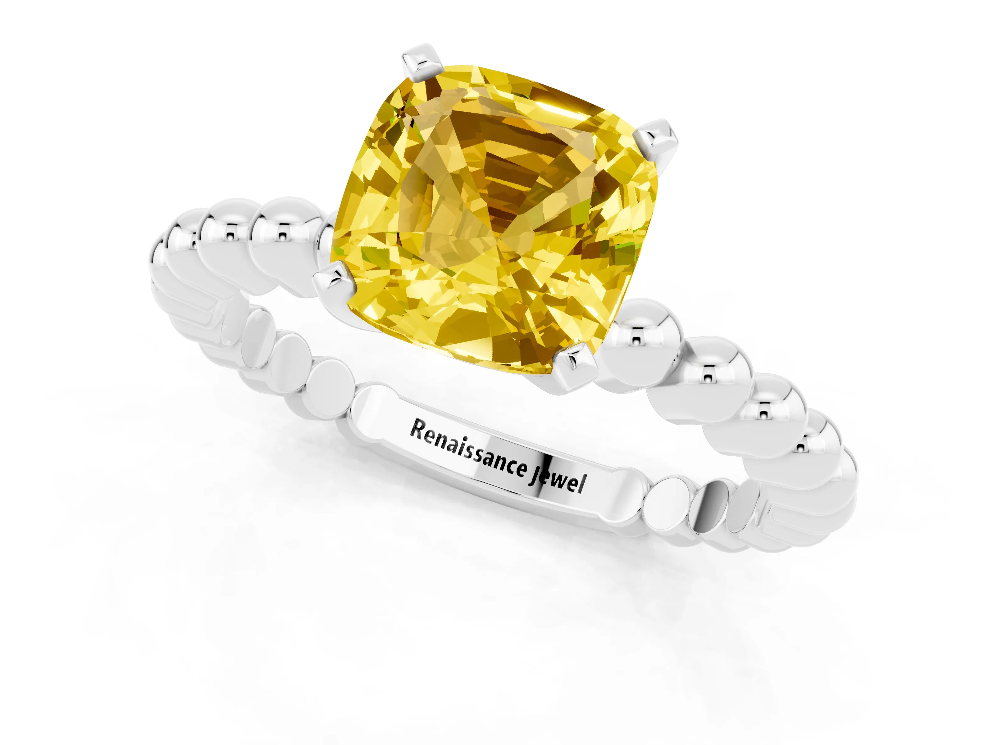 White gold Cushion Cut Yellow Sapphire Solitaire Ring with Beaded Band and Prong Setting_1