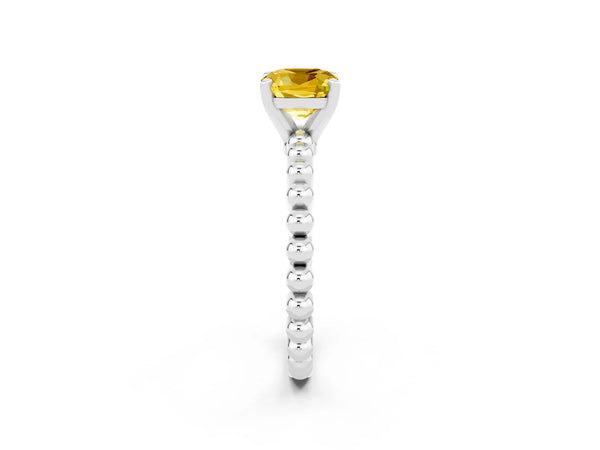 Platinum Cushion Cut Yellow Sapphire Solitaire Ring with Beaded Band and Prong Setting