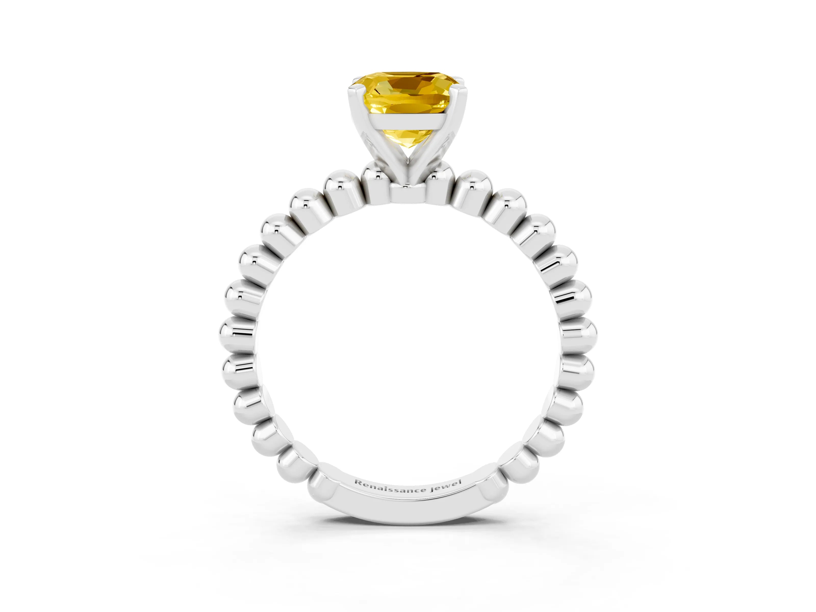 White gold Cushion Cut Yellow Sapphire Solitaire Ring with Beaded Band and Prong Setting_3
