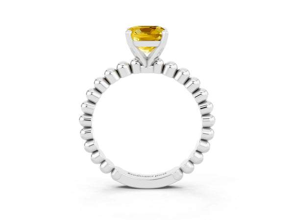 Platinum Cushion Cut Yellow Sapphire Solitaire Ring with Beaded Band and Prong Setting