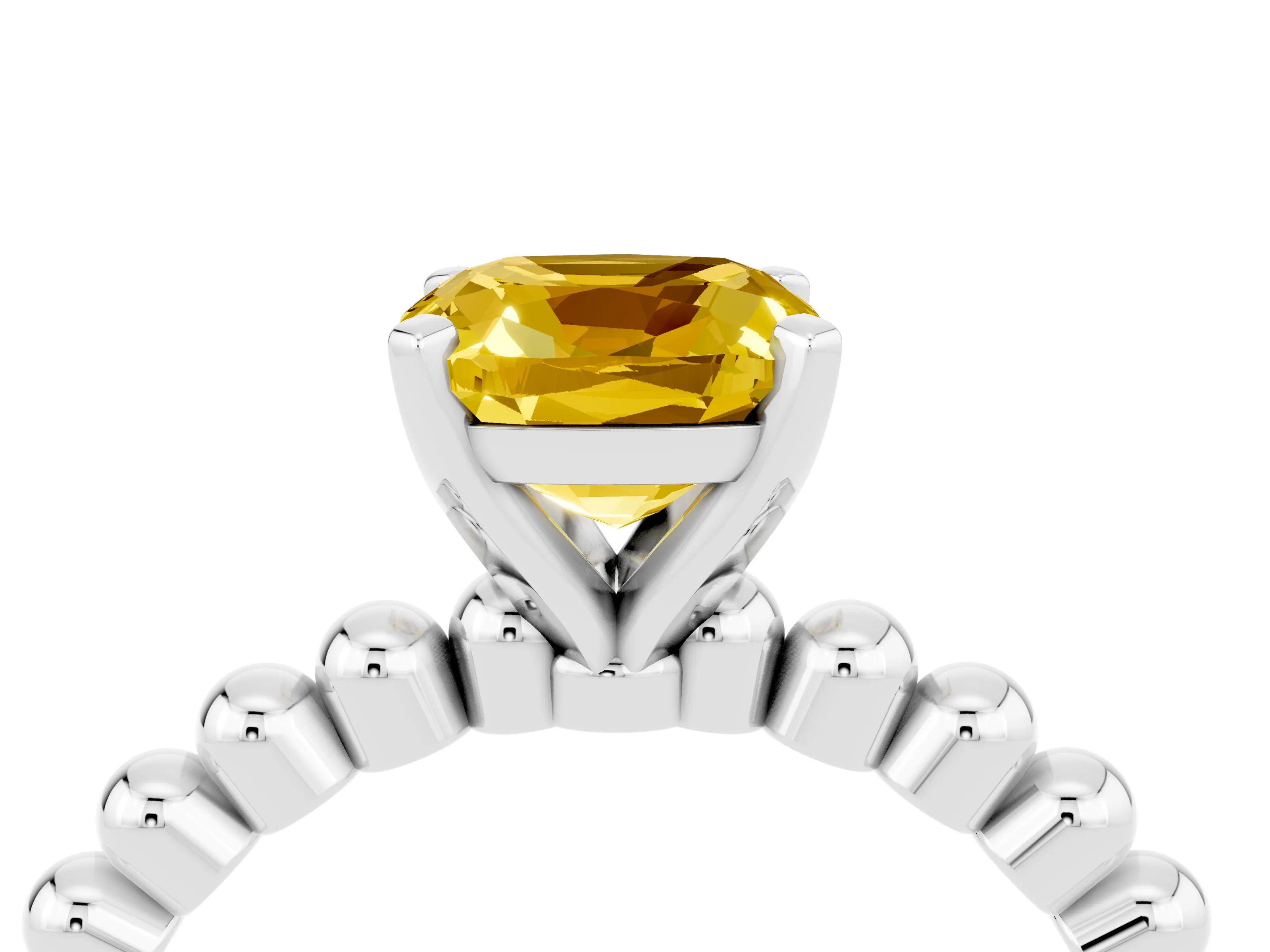 White gold Cushion Cut Yellow Sapphire Solitaire Ring with Beaded Band and Prong Setting_4