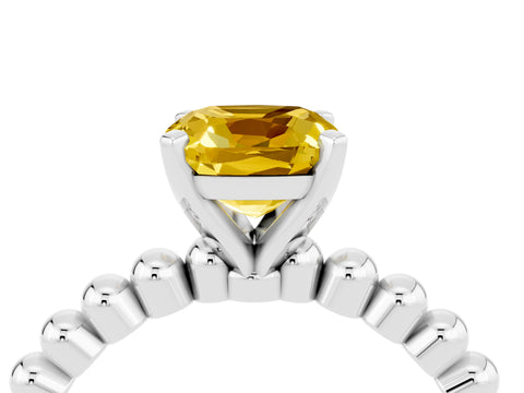 White gold Cushion Cut Yellow Sapphire Solitaire Ring with Beaded Band and Prong Setting_4