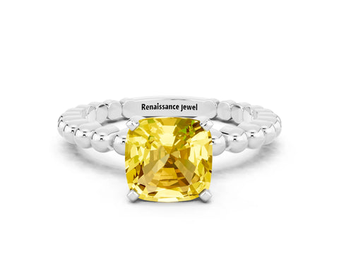 White gold Cushion Cut Yellow Sapphire Solitaire Ring with Beaded Band and Prong Setting