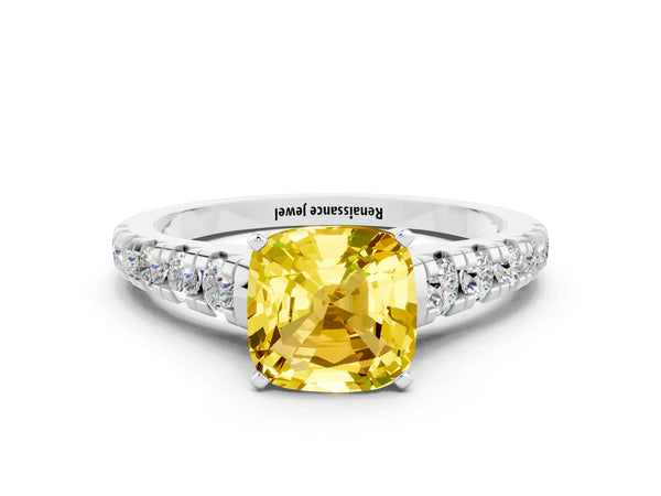 Platinum Cushion Cut Yellow Sapphire Cathedral Solitaire Ring with Round  Pavé Band