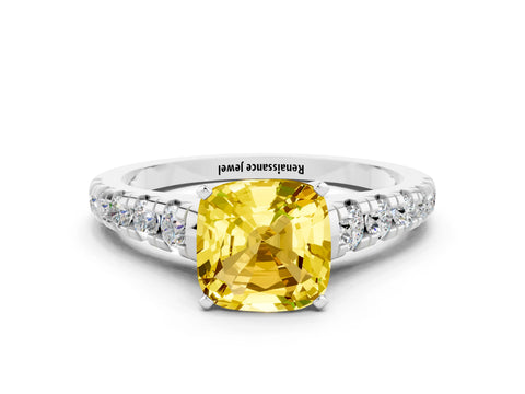 White gold Cushion Cut Yellow Sapphire Solitaire Ring with Cathedral Setting and Pavé Band_24