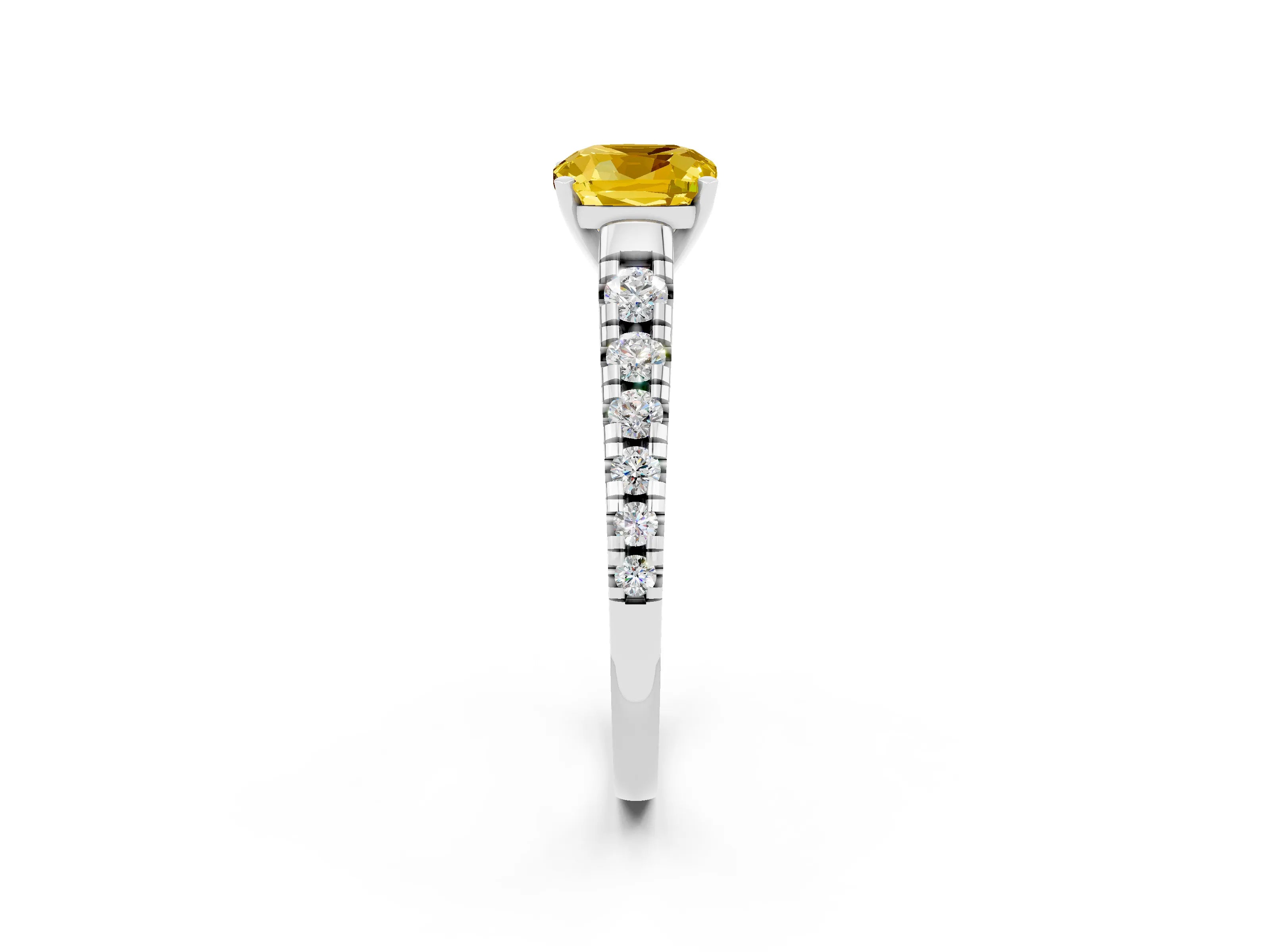 White gold Cushion Cut Yellow Sapphire Solitaire Ring with Cathedral Setting and Pavé Band_26