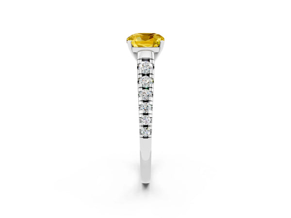 Silver Cushion Cut Yellow Sapphire Cathedral Solitaire Ring with Round  Pavé Band
