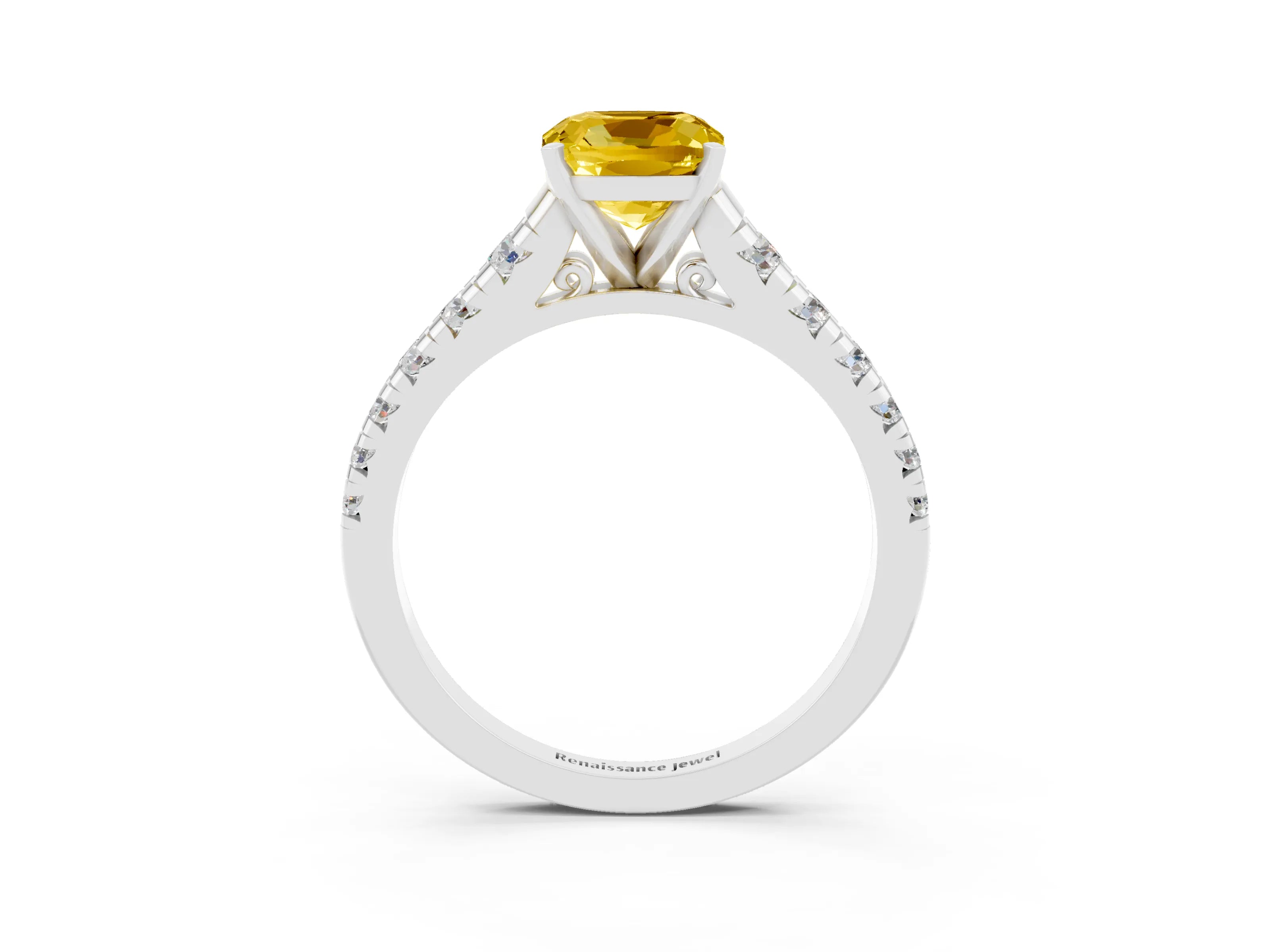 White gold Cushion Cut Yellow Sapphire Solitaire Ring with Cathedral Setting and Pavé Band_27