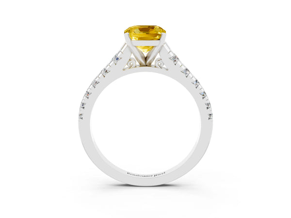 White gold Cushion Cut Yellow Sapphire Cathedral Solitaire Ring with Round  Pavé Band