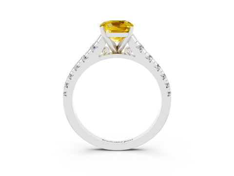 White gold Cushion Cut Yellow Sapphire Solitaire Ring with Cathedral Setting and Pavé Band_27