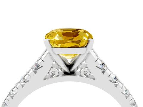 White gold Cushion Cut Yellow Sapphire Solitaire Ring with Cathedral Setting and Pavé Band_28