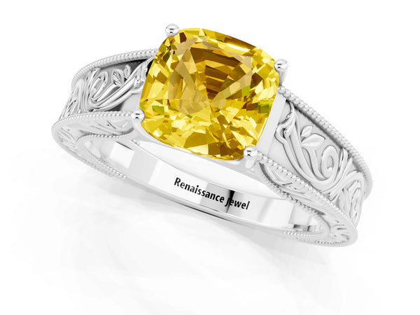 Silver Cushion Cut Yellow Sapphire Solitaire Ring with Engraved Band and Four-Prong Setting
