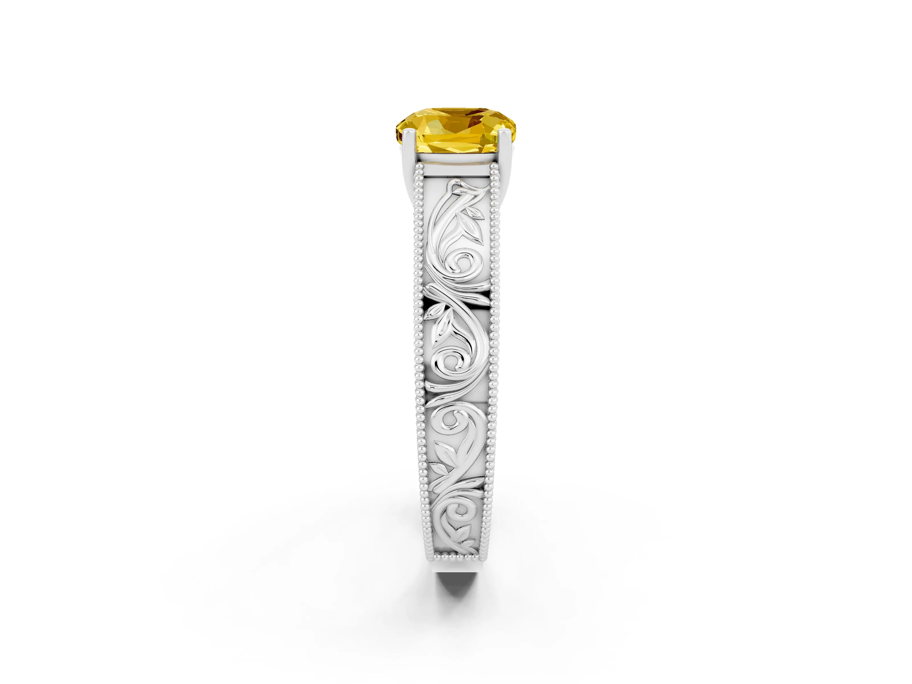 White gold Cushion Cut Yellow Sapphire Solitaire Ring with Engraved Band and Four-Prong Setting_2