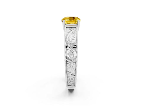 White gold Cushion Cut Yellow Sapphire Solitaire Ring with Engraved Band and Four-Prong Setting_2