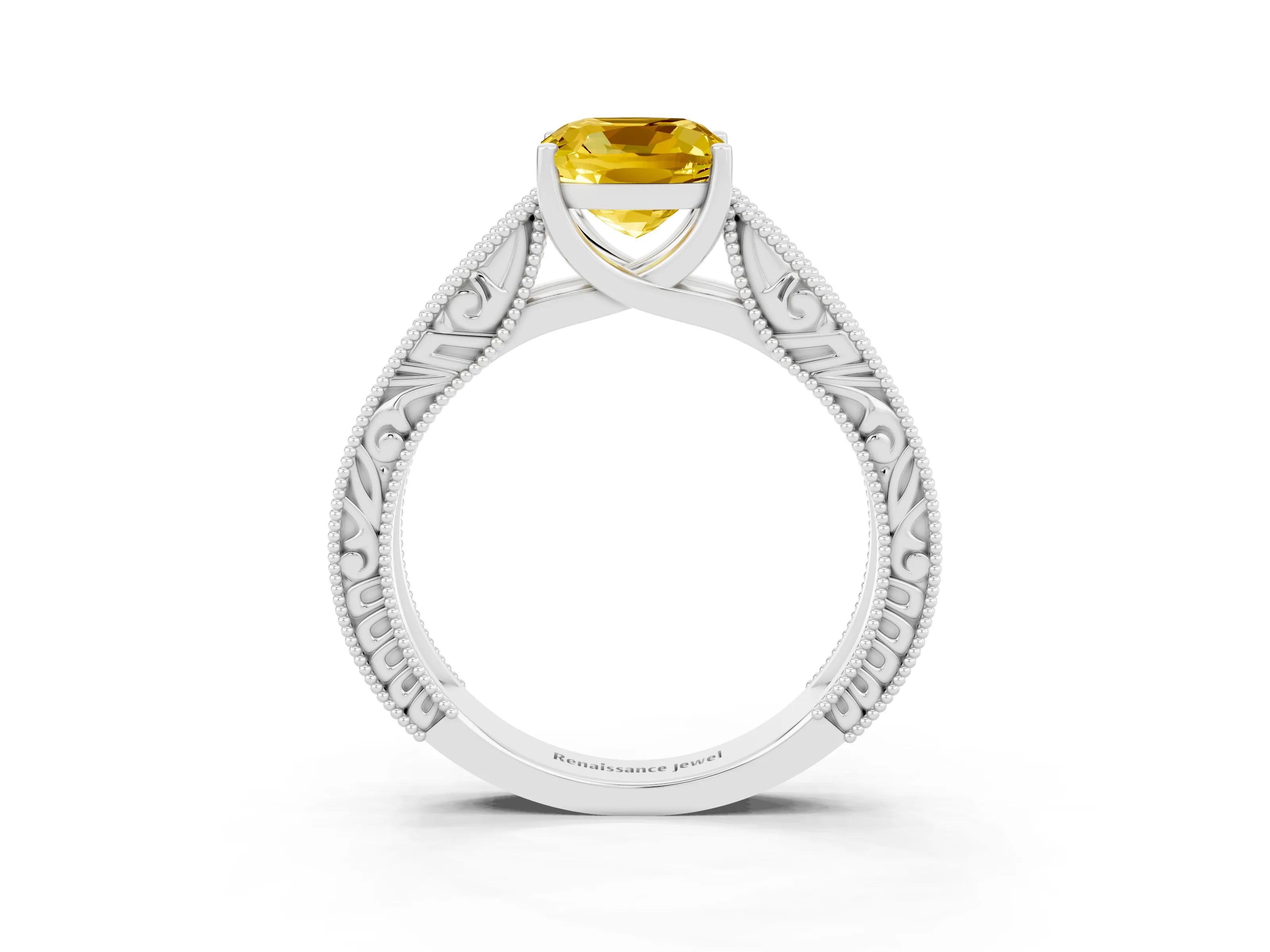White gold Cushion Cut Yellow Sapphire Solitaire Ring with Engraved Band and Four-Prong Setting_3