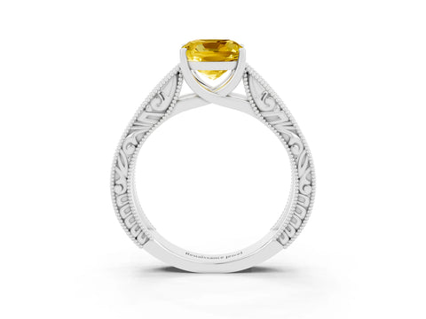 White gold Cushion Cut Yellow Sapphire Solitaire Ring with Engraved Band and Four-Prong Setting_3