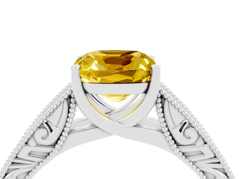 White gold Cushion Cut Yellow Sapphire Solitaire Ring with Engraved Band and Four-Prong Setting_4